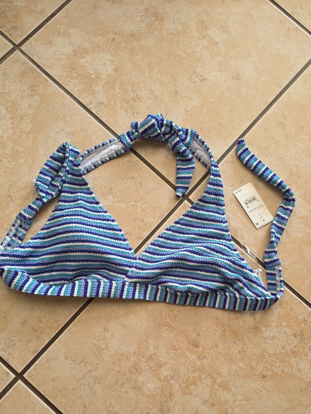 Lands' End Blue, Turquoise & White Striped Triangle Swim Top